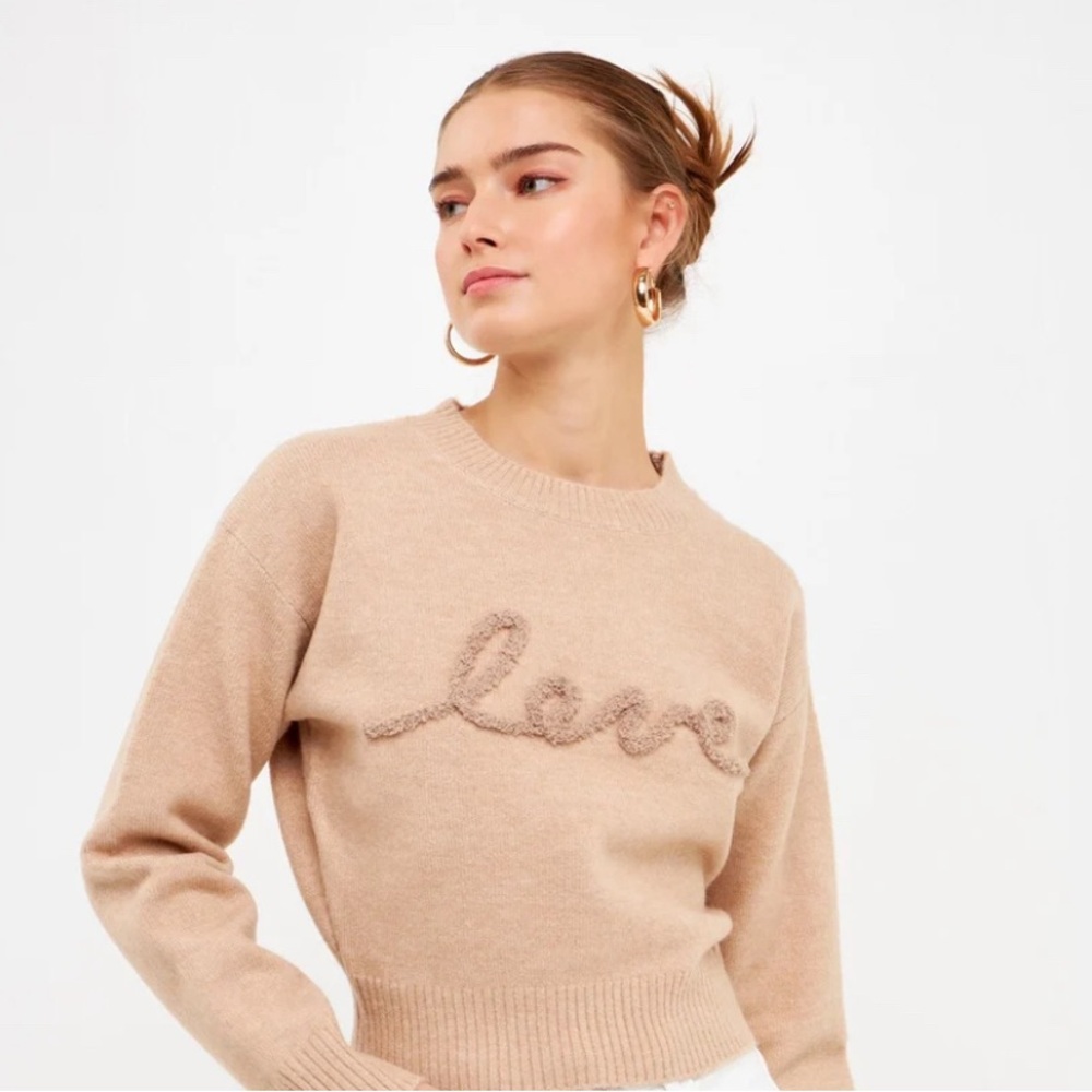 Endless Rose Beige Love Chenille Embroidered Sweater NWT - Picture 3 of 9